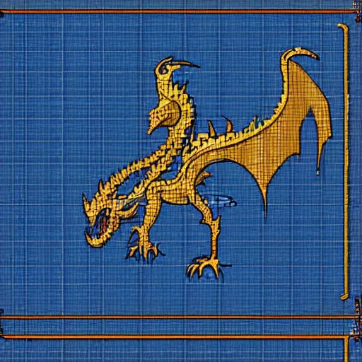 Prompt: blueprint of a fantasy dragon pixel art