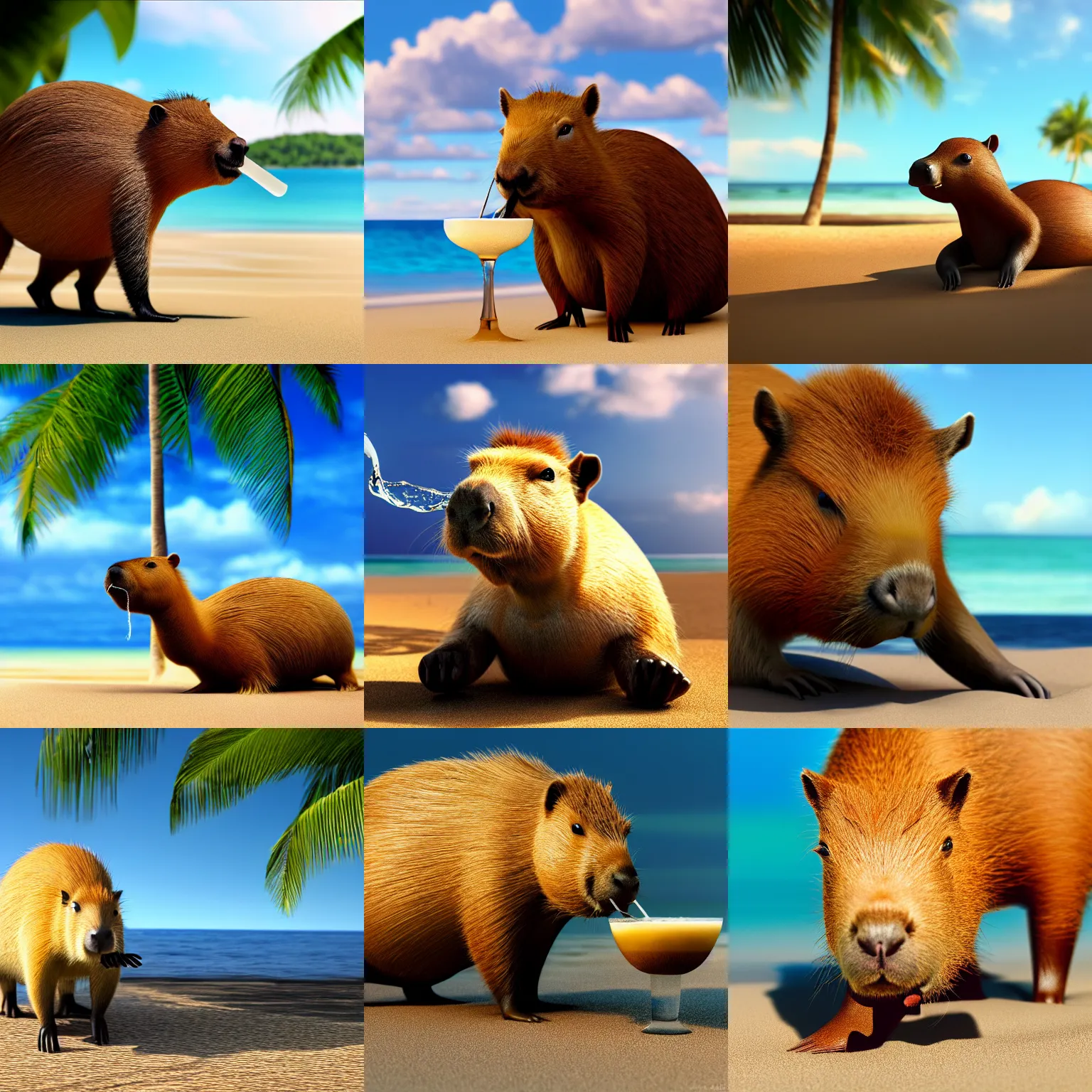 Prompt: photo of a capybara with shades drinking coconut juice on the beach, octane render, artstation, 4 k, hyper - realistic, national - geographic