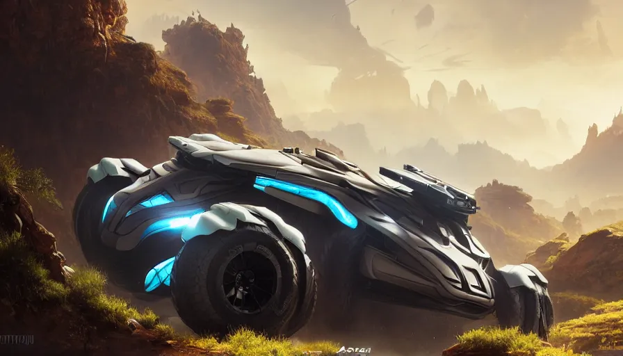 Prompt: a futuristic offroad suv by artgerm and greg rutkowski and alphonse mucha, zaha hadid, an epic fantasy, volumetric light, detailed, trending on art station, octane render, horizon zero dawn