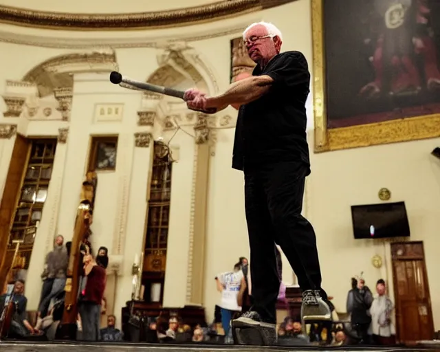 Prompt: bernie sanders deadlifts 200lb barbells in senate chambers