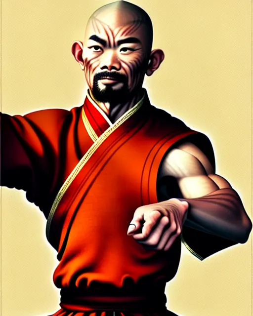 Prompt: richly detailed color illustration of a shaolin-christian-father-kung-fu illustrated by Artgerm and Timothy Kong . 3D shadowing