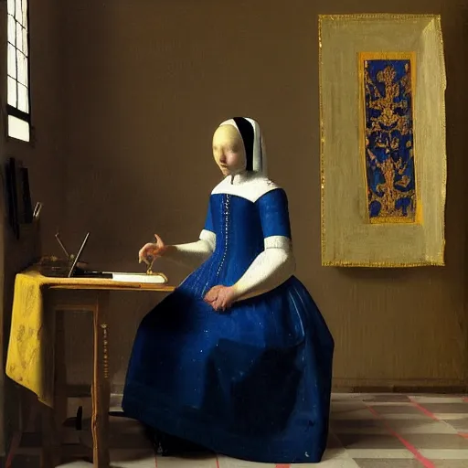 Image similar to painting of a royal female robot using a computer by Vermeer, Dutch Golden Age