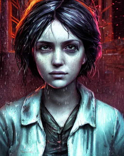 Prompt: An epic fantasy comic book style portrait painting of a very beautiful imposing Industrial goth Ellie (The Last of Us) in the rain, wet hair, neon reflections, character design by Mark Ryden and Pixar and Hayao Miyazaki, unreal 5, DAZ, hyperrealistic, octane render, cosplay, RPG portrait, dynamic lighting, intricate detail, cinematic