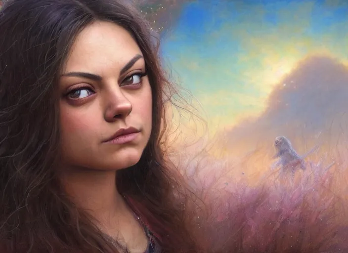 Image similar to Mila Kunis staring into the camera, misty wisps, Lilia Alvarado, Sophie Anderson, Mark Arian, Bob Byerley, Charlie Bowater, Mark Brooks, Steve Henderson, Justin Gerard, Arthur Hughes, Edward Robert Hughes, Mark Keathley, Victor Nizovtsev, Carlos Shwabe, Ross Tran, WLOP