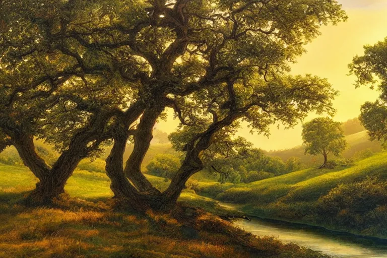 Prompt: masterpiece painting of oak trees on a hillside overlooking a creek, dramatic lighting
