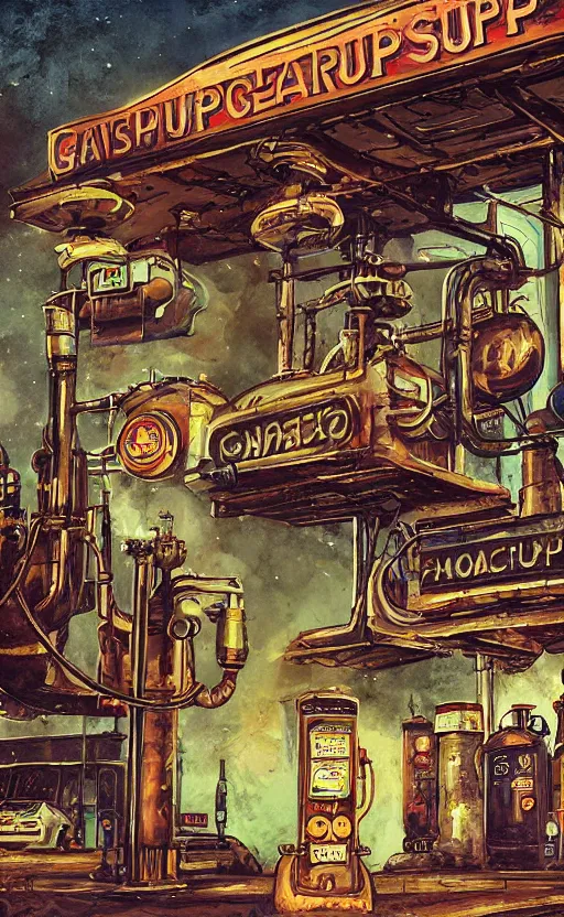 Image similar to steampunk gas station, closeup, gouache, sci - fi, cinematic