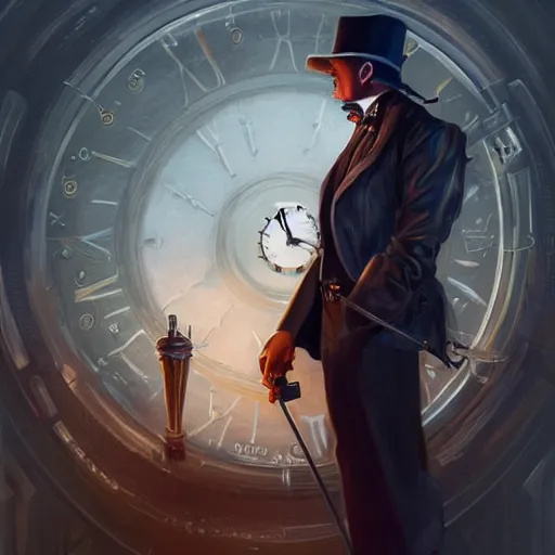 Prompt: reginald hargreeves with a cane and a revolver, wearing a pocket watch, cyber punk setting, time travel deep focus, turnaround, fantasy, intricate, elegant, highly detailed, digital painting, artstation, concept art, matte, sharp focus, illustration, art by artgerm and greg rutkowski