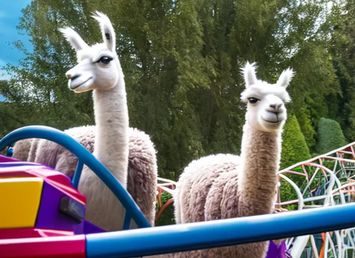 Prompt: film still of a llama riding a roller coaster in disneyland paris, 8 k