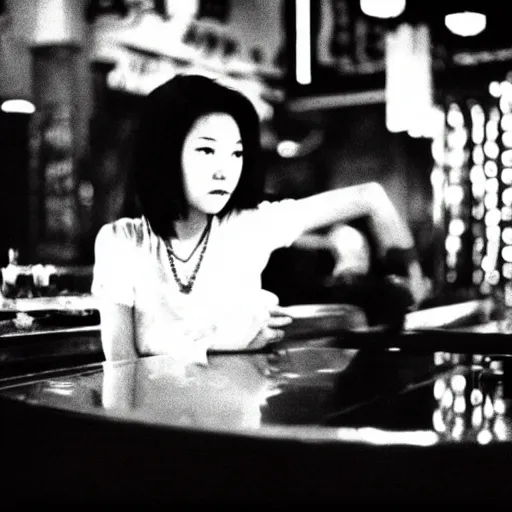 Image similar to a girl leaning against the counter in a night club staring at the camera, photograph by Wong Kar-wai and Quentin Tarantino