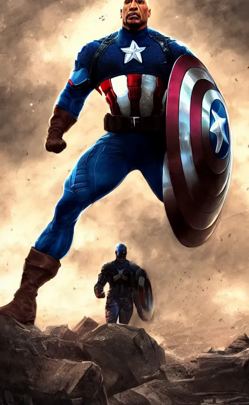 Image similar to dwayne johnson as captain america, dynamic lighting, cinematic, ultra detailed, trending on art station, stunning visuals, creative, fantasy concept art