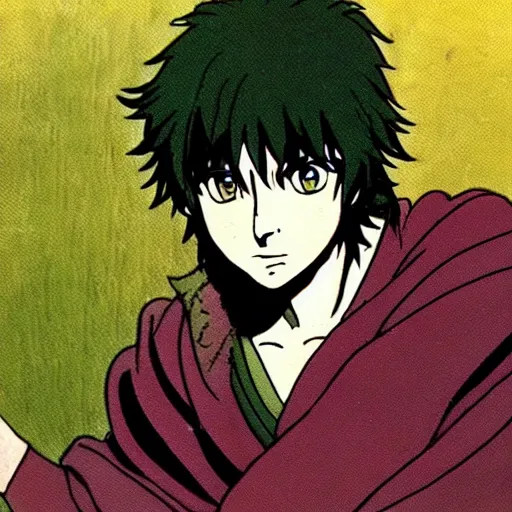 Image similar to pippin from the anime lord of the rings (1986), dark hair, green cape, studio ghibli, very detailed, realistic