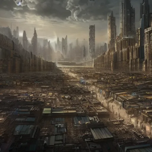 Image similar to large group people in a huge warehouse, gathered around a tabletop city | cinematic concept art | godrays | 4 k | clear details | tabletop | hologram foreground