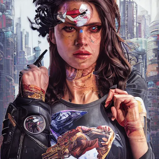 Image similar to a portrait of beautiful, mischievous, young woman by sandra chevrier, detailed render, epic composition, cybernetics, 4 k realistic, cryengine, realistic shaded lighting, sharp focus, masterpiece, by matteo scalera, gary montalbano, peter elson in the style of the tokyo ghost comic
