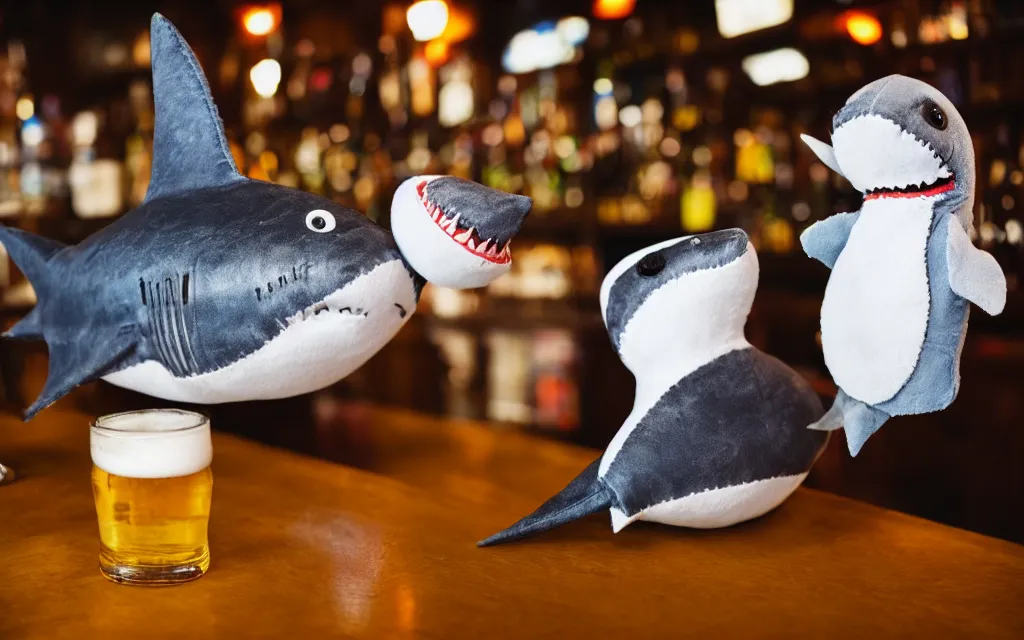 Image similar to Stuffed shark ordering a beer at a bar, plush toy, fish, dim lighting, 50mm, depth of field