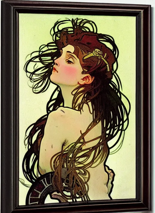 Image similar to a portrait of a pretty sewer punk young lady by alphonse mucha