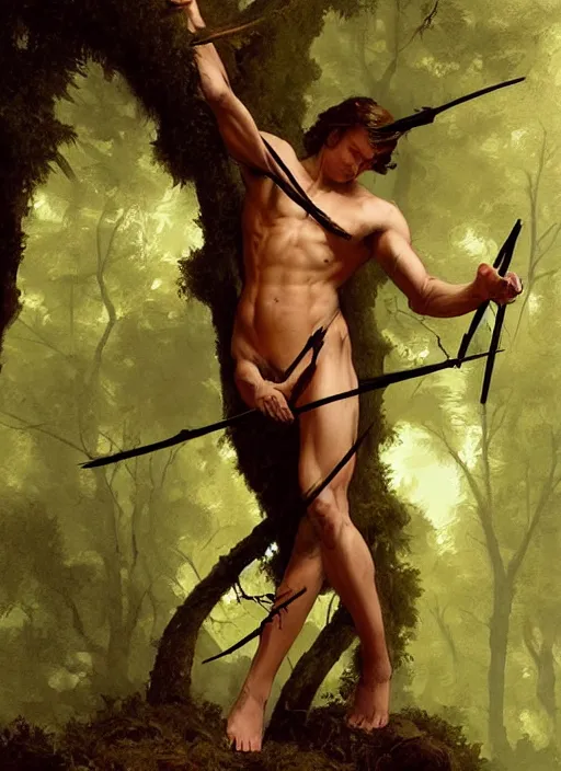 Image similar to Saint Sebastian tied to a tree in the forest, intricate, elegant, highly detailed, digital painting, artstation, concept art, smooth, sharp focus, illustration, art by frazetta and bouguereau and aleksi briclot