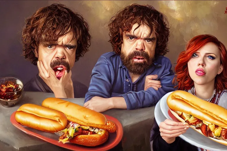 Image similar to portrait of peter dinklage sharing hotdogs with scarlett johansson, an oil painting by ross tran and thomas kincade