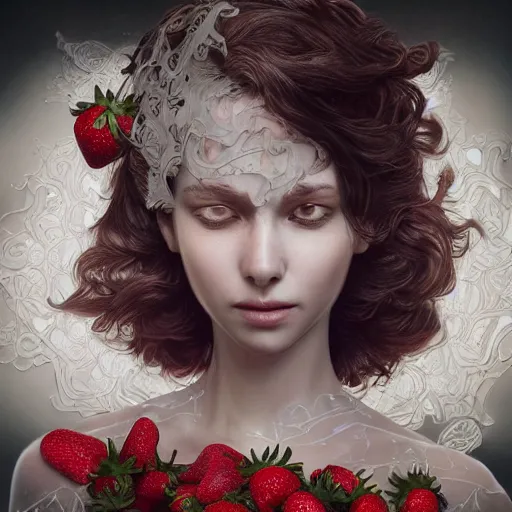 Image similar to the face of an absurdly beautiful, graceful, elegant, sophisticated mature woman of strawberries and white petals with tears, an ultrafine hyperdetailed illustration by kim jung gi, irakli nadar, intricate linework, bright colors, octopath traveler, final fantasy, unreal engine 5 highly rendered, global illumination, radiant light, detailed and intricate environment