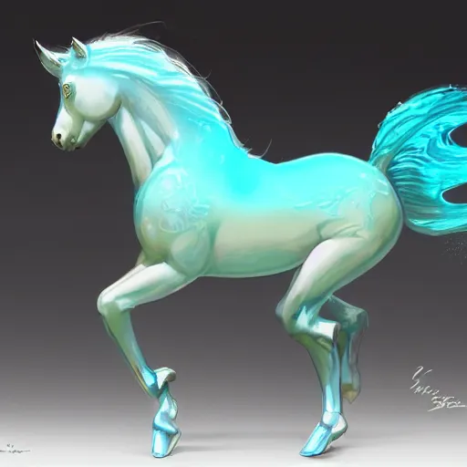 Prompt: a fantastical transparent small turquoise spirit horse made of water and foam and algae, splashing water, wave, translucent, ethereal, noble, radiant, hyperalism, scottish folklore, digital painting, artstation, concept art, smooth, 8 k frostbite 3 engine, ultra detailed, art by artgerm and greg rutkowski and magali villeneuve