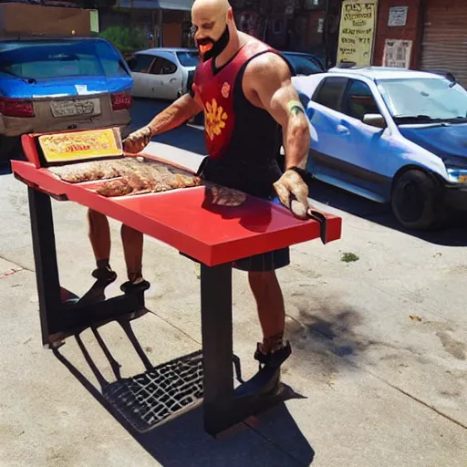 Prompt: Kratos running a hotdog stand in the summer