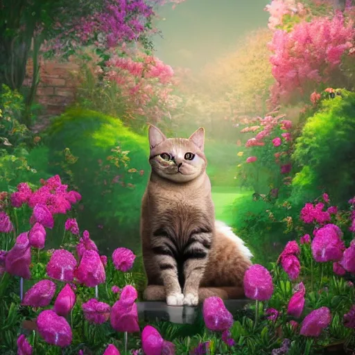 Prompt: photo of a cat in the blossoming garden, professional portfolio of a cat, trending on artstation, super detailed, everything in a beautiful light, stylishly designed background, fantasy art, photoshop