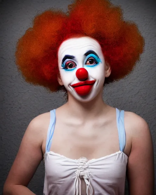 Prompt: portrait photo of a cute clown girl