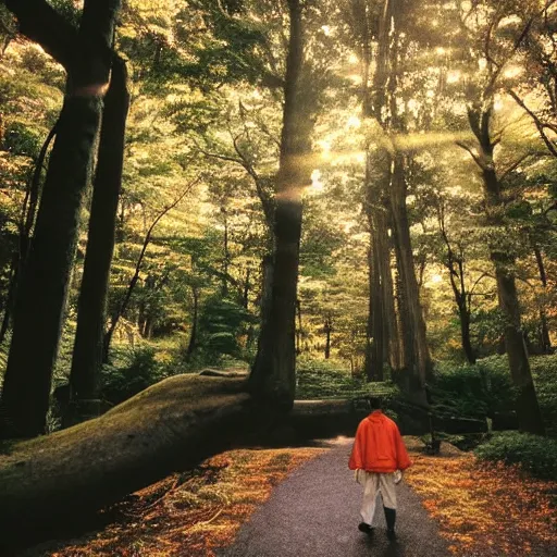 Image similar to 1 9 9 0 s candid 3 5 mm photo of a beautiful forest in tokyo, cinematic lighting, cinematic look, golden hour, the clouds are epic and colorful with cinematic rays of light, a man walks down the center of the forest with a beanie on, photographed by petra collins, uhd
