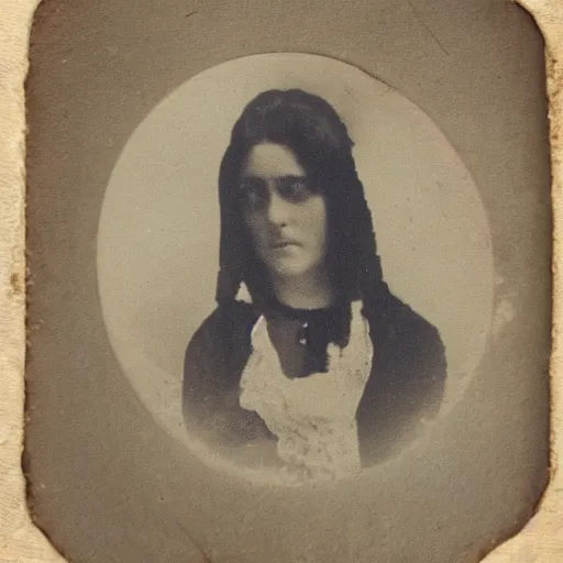 Image similar to antique photograph of a beautiful woman, cracked and faded photo paper, staring at the camera, headshot, dark background, 1 8 5 0, low light, dark, monsters in the backgroud 4 k
