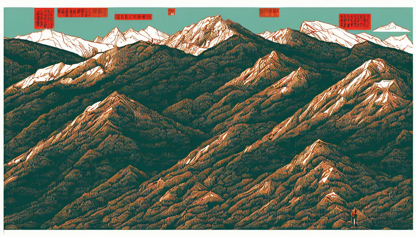 Image similar to hiking mountain ridge by dan mumford and peter doig and edward hopper, symmetrical, minimal, black ink, thick lines highly detailed, muted colours, overlaid with chinese adverts, 8 k