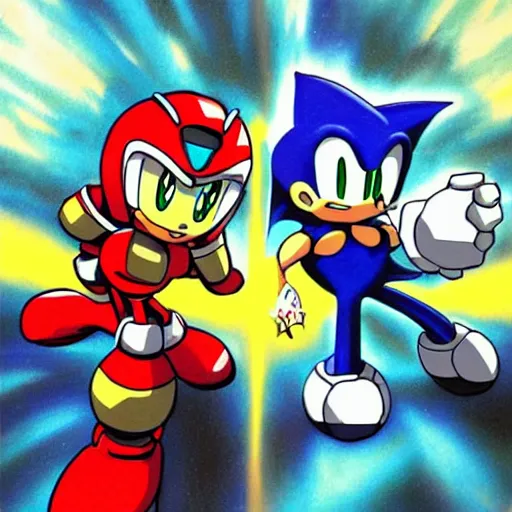 Image similar to Megaman X fighting Sonic the Hedgehog, Painted By Akihiko Yoshida