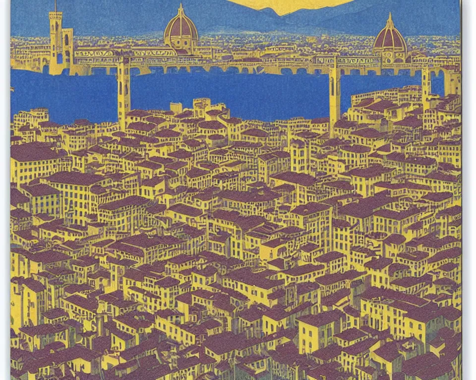 Image similar to resplendent, gilded art deco print of Florence, Italy by Hasui Kawase and Lyonel Feininger