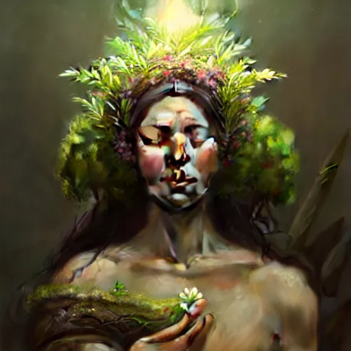 Prompt: a beautiful portrait of a plant goddess with closed eyes by Greg Rutkowski and Raymond Swanland, Trending on Artstation, ultra realistic digital art