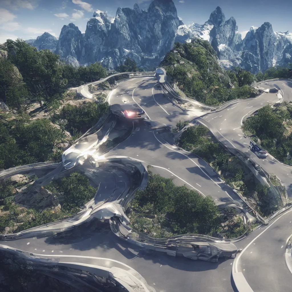 Prompt: futuristic car drive down a road in the mountains, unreal engine