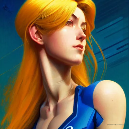 Image similar to head and shoulders portrait of Zero Suit Samus, semi realistic, digital illustration, fantasy, medium shot, intricate, elegant, highly detailed, digital painting, volumetric light, artstation, concept art, smooth, sharp focus, art by Sachin Teng and Gil Elvgren and Greg Manchess and Alphonse Mucha