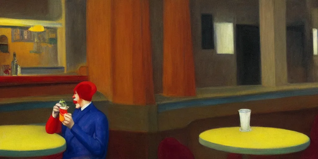 Image similar to a miserable clown, drinking a smoothie in an empty bar, oil painting by edward hopper