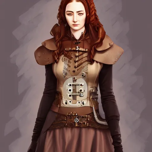 Prompt: a digital painting of a steampunk sansa stark, a character portrait by artgerm, trending on artstation, fantasy art, ilya kuvshinov, artstation hd, artstation hq.