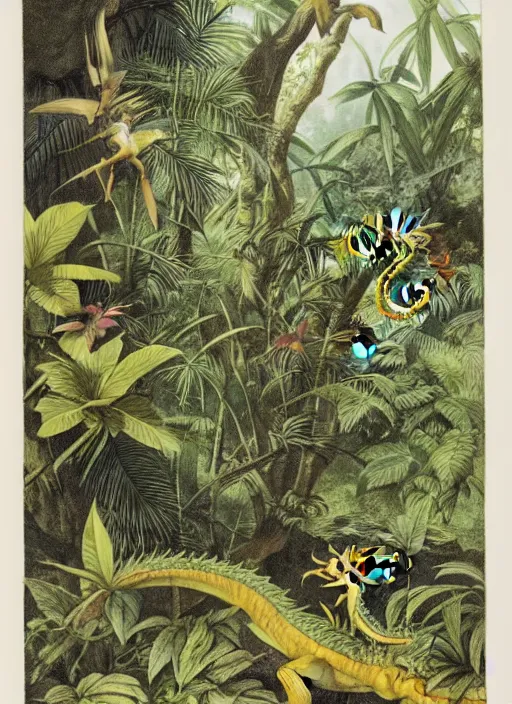 Image similar to dragons in a tropical forest, john james audubon, vintage botanical, intaglio