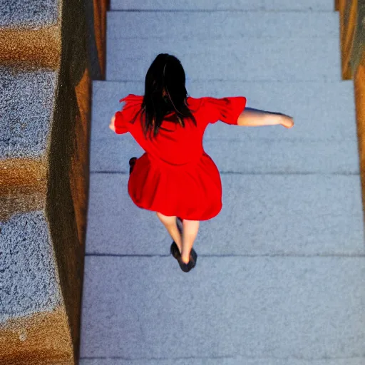 Image similar to a girl in a red dress climbing'' infinite stairs to heaven'' top view, sunset light, cinematic image, hyperrealistic, low iso, 4 k