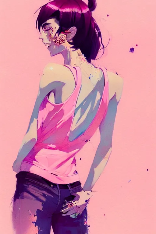 Image similar to a ultradetailed beautiful painting of a stylish woman in a pink tank top, by conrad roset, greg rutkowski and makoto shinkai trending on artstation