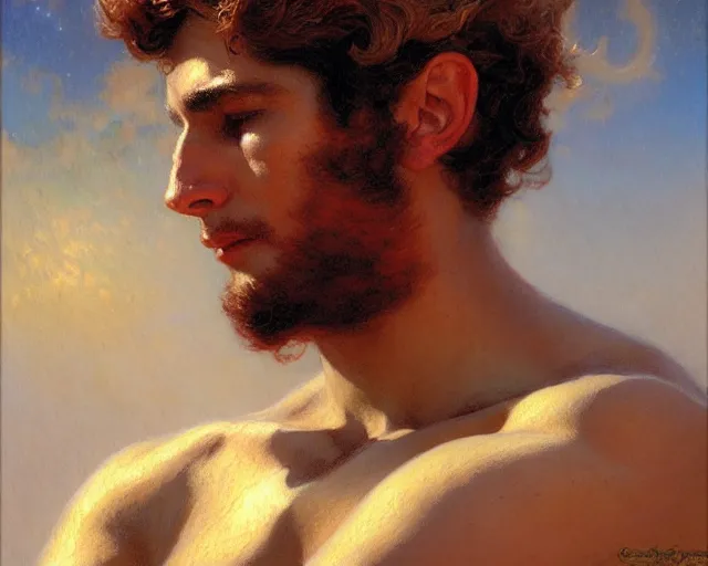 Image similar to attractive apollo greek god. highly detailed painting by gaston bussiere, craig mullins, j. c. leyendecker 8 k