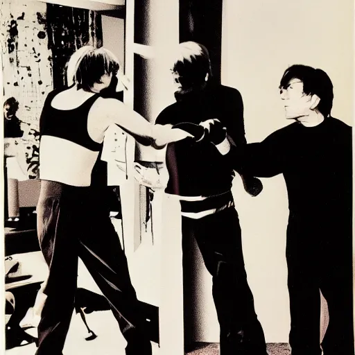 Image similar to andy warhol punching andy warhol, art by andy warhol