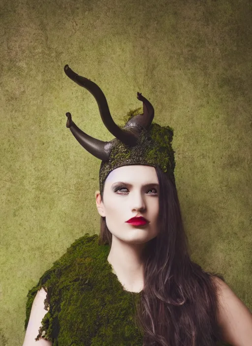 Image similar to a photo of a female model, orgnic headpiece, vines, horn, moss, fashion photography, realistic, hyperdetails, dark grey backdrop studio, moss and vine dress