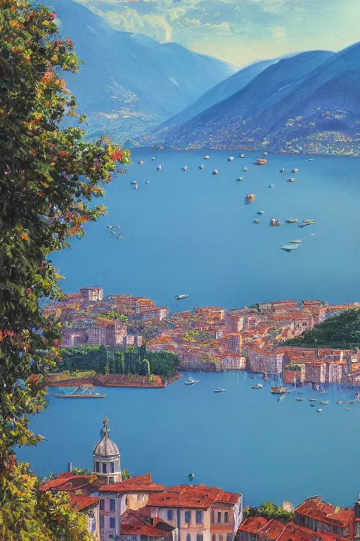 Prompt: Highly detailed oil painting of Lake Como, photorealistic, wide shot, daylight, blue sky, summer, dramatic lighting, award winning, highly detailed, medium format photography, cinestill 800t.