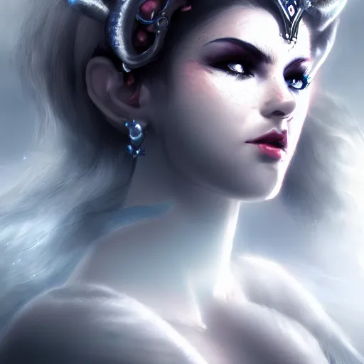 Image similar to majestic and regal portrait of a beautiful demon goddess!!, epic, 8 k, extreme details, sharp focus, elegant, volumetric lighting, volumetric fog