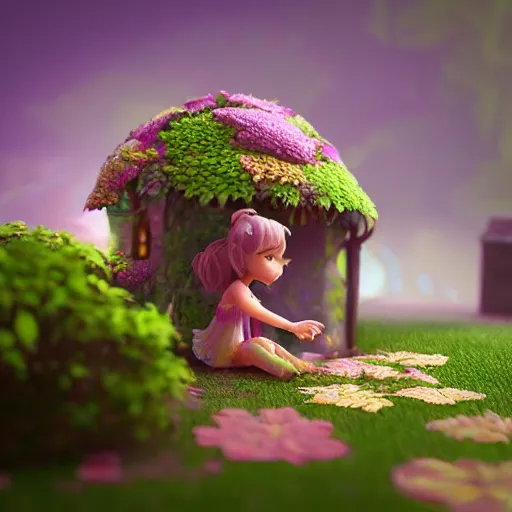 Image similar to a tiny cute fairy in a flower house, cute, adorable, volumetric light, octane render, trending on artstation