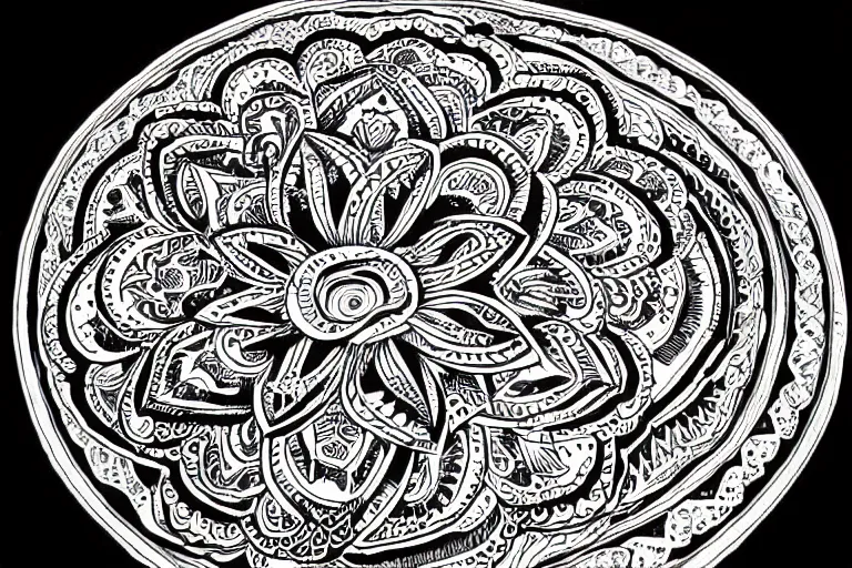 Prompt: black and white sketch, mandala mandorla detailed design, intricate linework by junji ito