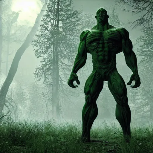 Image similar to Huge muscular green man-super mutant with a minigun against the background of a radioactive forest, graphics, fallout 4 render, 3d computer render, maximum details, rain, night, spotlight,