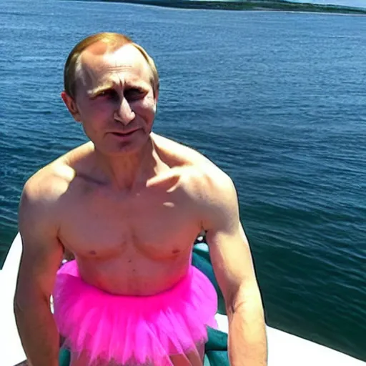 Prompt: ( ( green putin wearing a pink tutu ), on a boat on a lake!!!!!!!!!!!!