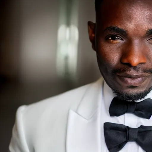 Image similar to closeup of a well groomed African man wearing a white tuxedo, standing in a hotel lobby; bokeh cinematic portrait, realistic photo, 32mm lens