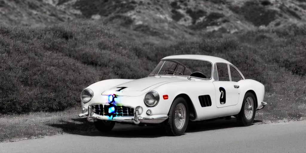 Image similar to photograph, 1958 FERRARI 250 GT, cinematic, PCH, no logo, california coast, 8k, depth of field, bokeh.